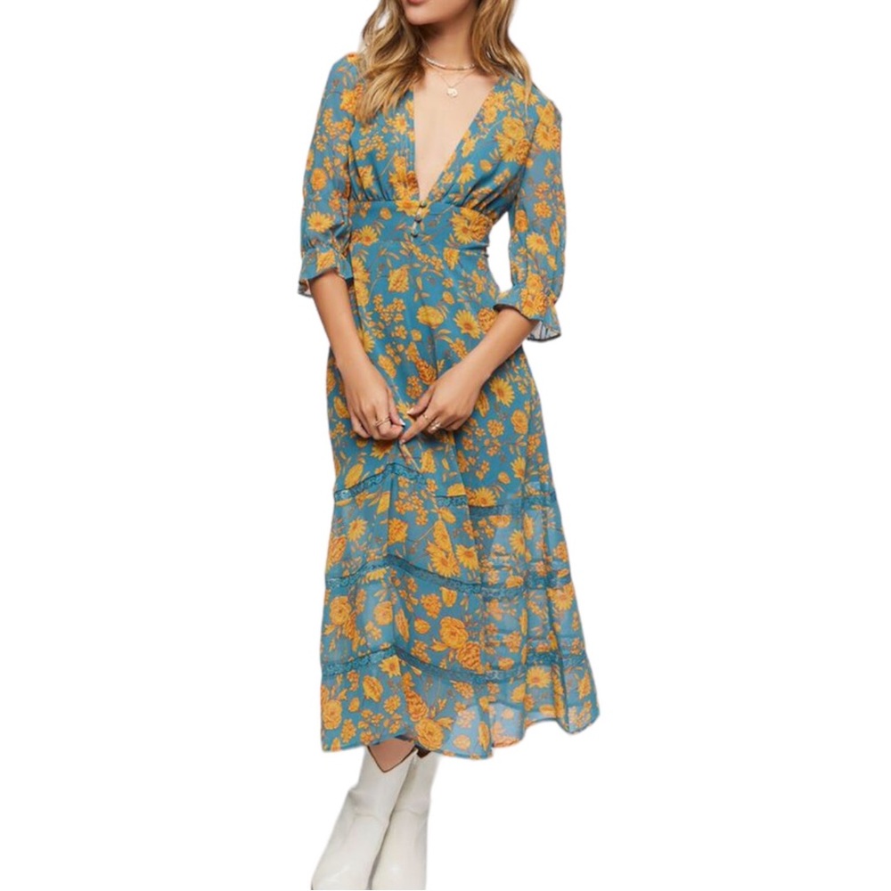 NWT Forever 21 Plunging Floral Chiffon Teal Midi Dress Size Medium